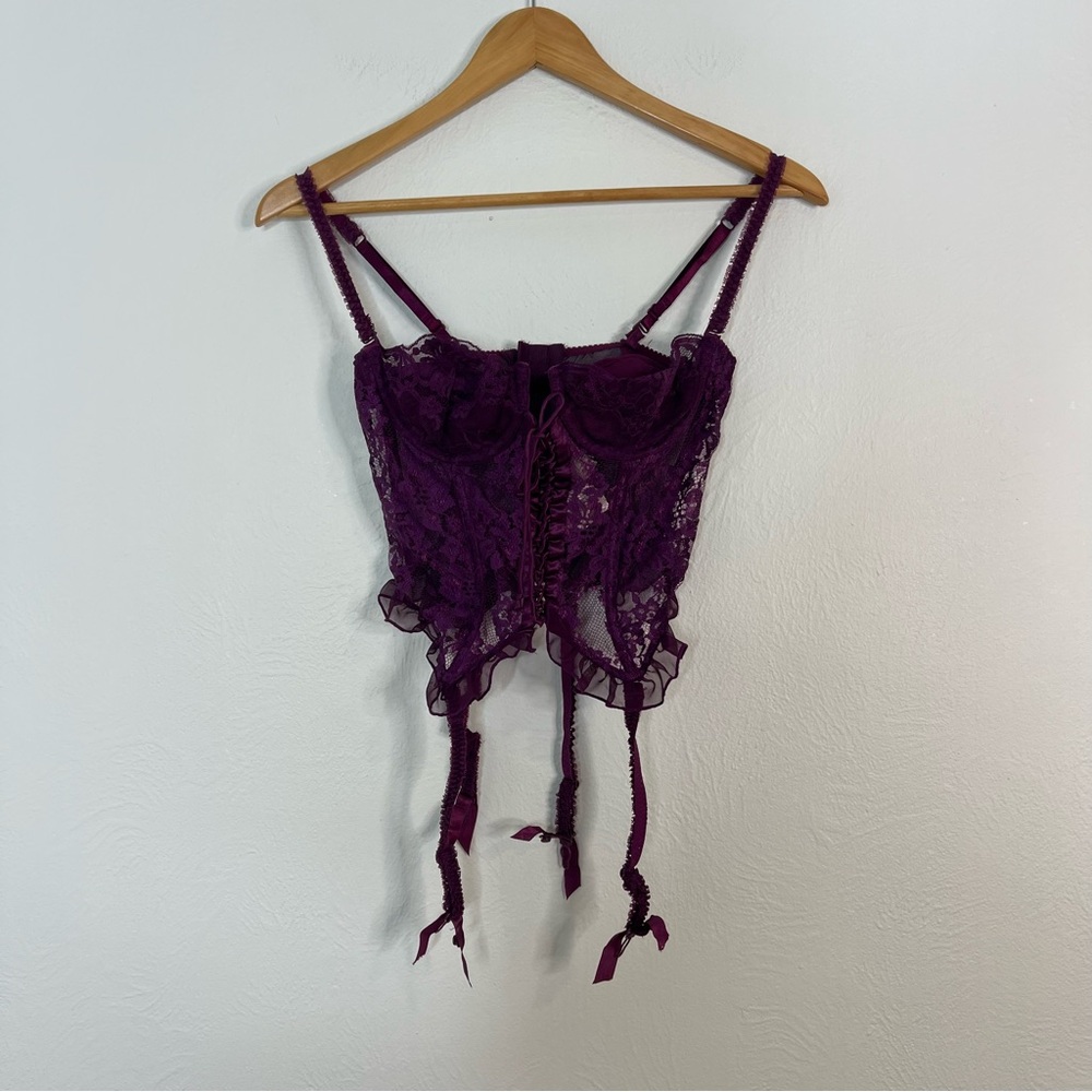 Vintage Victoria's Secret Lingerie Set Lace G-String Corset Bustier Purple 34B/M